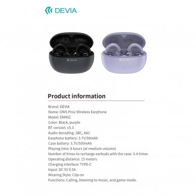 Bluetooth ausinės purple Devia OWS Pro2 Clip-on EM402 7