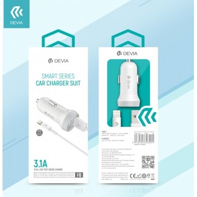 Įkroviklis auto SMART iPhone 5/6/7/8/X/11 3.1A 2USB DEVIA