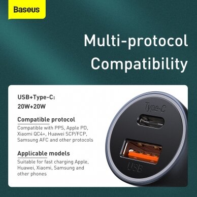 Įkroviklis auto TYPE C + USB PD/QC 4.0 40W 3A BASEUS TZCCJD-0G 13