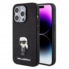 iPhone 15 PRO black Ikonik Fixed Glitter Metal PIN KARL LAGERFELD nugarėlė