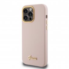 iPhone 15 PRO pink Silicone Script Metal Logo&Frame GUESS nugarėlė