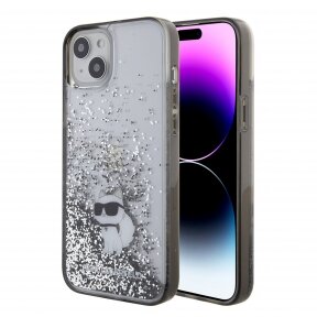 iPhone 15 PLUS silver Liquid Glitter Choupette KARL LAGERFELD nugarėlė