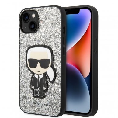 iPhone 14/13 sidabro spalvos glitter KARL LAGERFELD nugarėlė KLHCP14SGFKPG