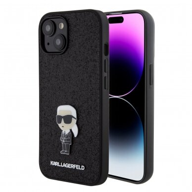 iPhone 15 black Ikonik Fixed Glitter Metal PIN KARL LAGERFELD nugarėlė