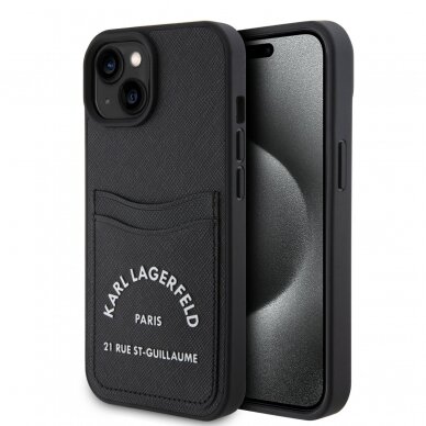 iPhone 15 black Saffiano Cardslots RSG 3D Logo KARL LAGERFELD nugarėlė