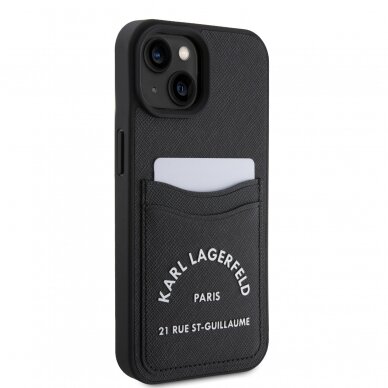 iPhone 15 black Saffiano Cardslots RSG 3D Logo KARL LAGERFELD nugarėlė 3