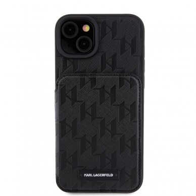 iPhone 15 PLUS black Saffiano Cardslots and Stand Monogram KARL LAGERFELD nugarėlė 1