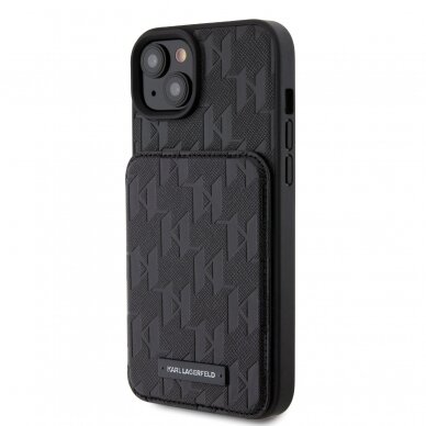 iPhone 15 PLUS black Saffiano Cardslots and Stand Monogram KARL LAGERFELD nugarėlė