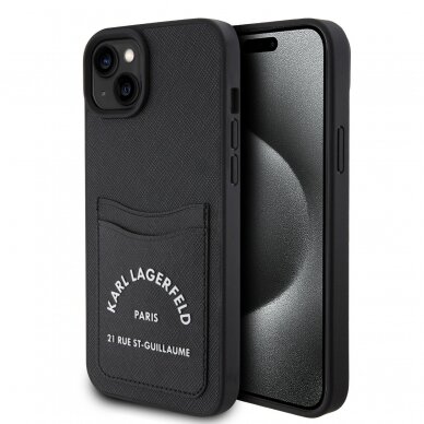 iPhone 15 PLUS black Saffiano Cardslots RSG 3D Logo KARL LAGERFELD nugarėlė