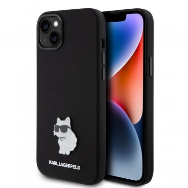 iPhone 15 PLUS black Silicone Metal PIN KARL LAGERFELD nugarėlė