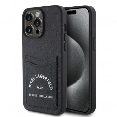 iPhone 15 PRO MAX black Saffiano Cardslots RSG 3D Logo KARL LAGERFELD nugarėlė