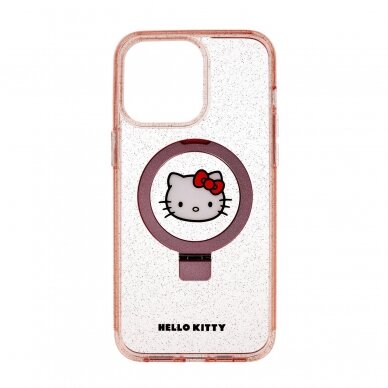 iPhone 15 PRO MAX pink IML Ringstand Glitter Kitty Head Logo MagSafe HELLO KITTY nugarėlė