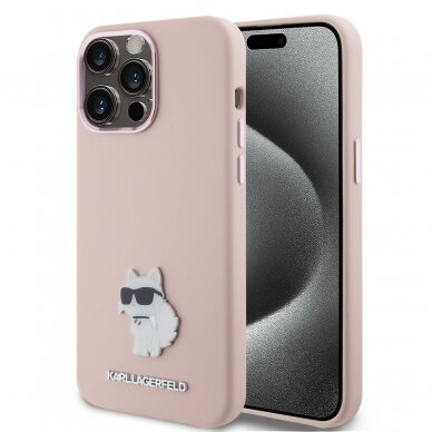 iPhone 15 PRO MAX pink Silicone Metal PIN KARL LAGERFELD nugarėlė