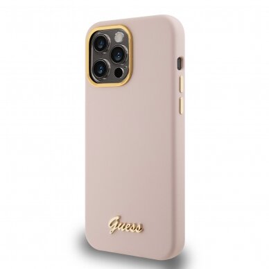 iPhone 15 PRO MAX pink Silicone Script Metal Logo&Frame GUESS nugarėlė 2