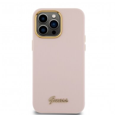 iPhone 15 PRO MAX pink Silicone Script Metal Logo&Frame GUESS nugarėlė