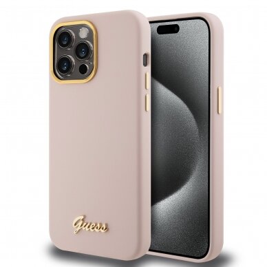 iPhone 15 PRO MAX pink Silicone Script Metal Logo&Frame GUESS nugarėlė 1