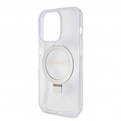 iPhone 15 PRO MAX transparent Glitter Ring Stand Script Logo MagSafe GUESS nugarėlė 5