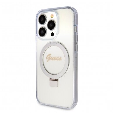 iPhone 15 PRO MAX transparent Glitter Ring Stand Script Logo MagSafe GUESS nugarėlė 1