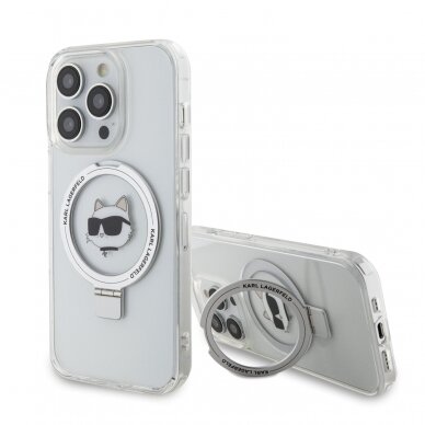 iPhone 15 PRO MAX white Ring Stand MagSafe Choupette Head KARL LAGERFELD nugarėlė 1