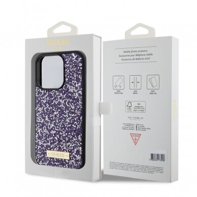 iPhone 15 PRO purple Rhinestone Metal Logo GUESS nugarėlė 1