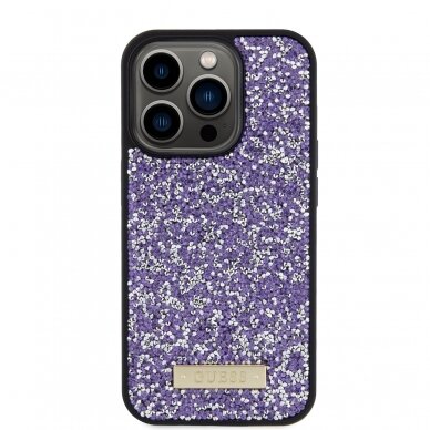 iPhone 15 PRO purple Rhinestone Metal Logo GUESS nugarėlė 2