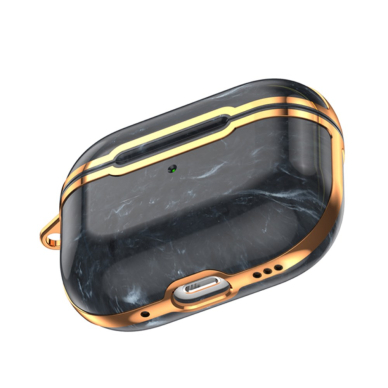 Silikoninis dėklas Airpods Pro 2nd Gen su karabinu Marble Black/Gold 1