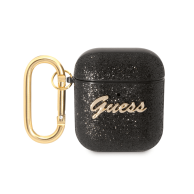 Silikoninis GUESS black AirPods/AirPods 2 glitter dėklas